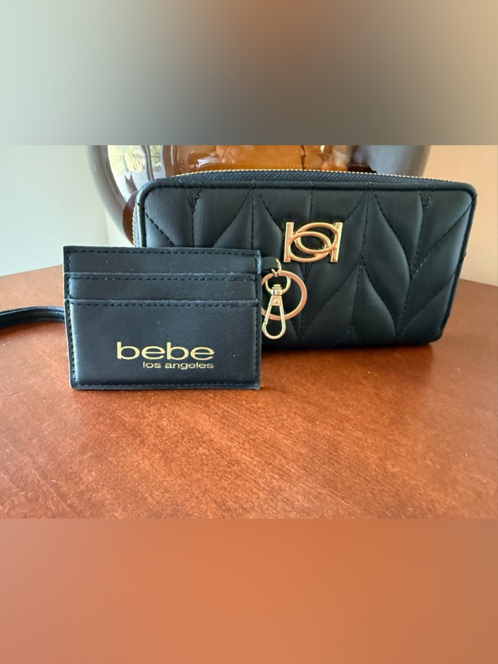 bebe Black Quilted Wristlet Wallet with Gold Hardware and Card Holder